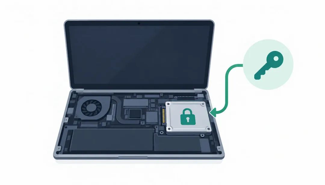 Laptop cutaway showing an encrypted storage drive and a key symbol at the access point