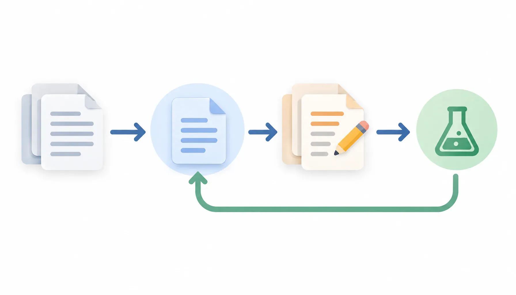 Project files lead to a saved checkpoint, an edited file stack, and a test symbol, with an arrow back to the checkpoint.
