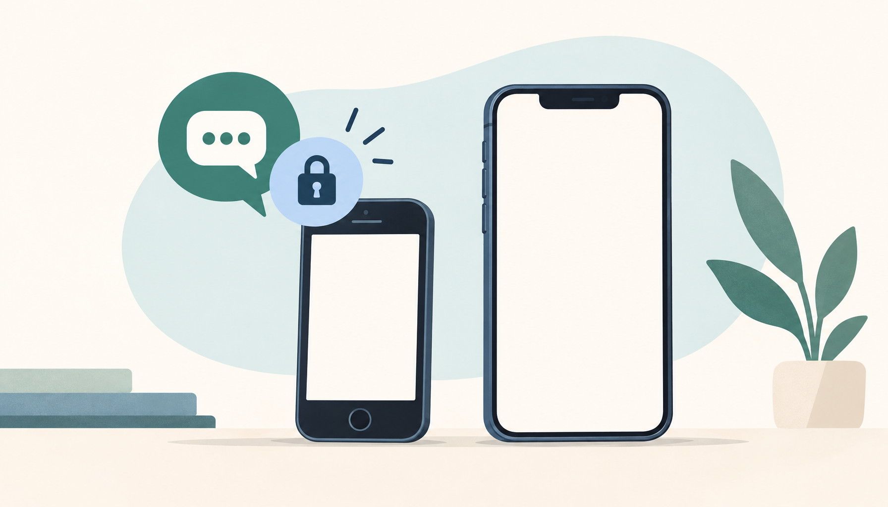 Two plain phones sit side by side, with a chat bubble and lock symbol near the older phone.