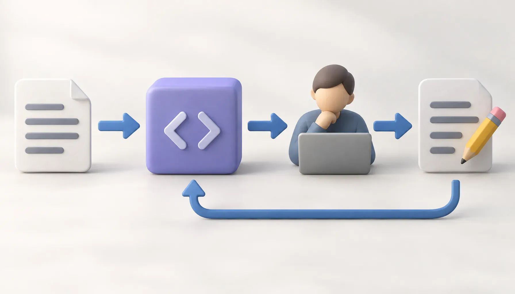 Diagram showing a natural-language request flowing through code generation, human review, and revision