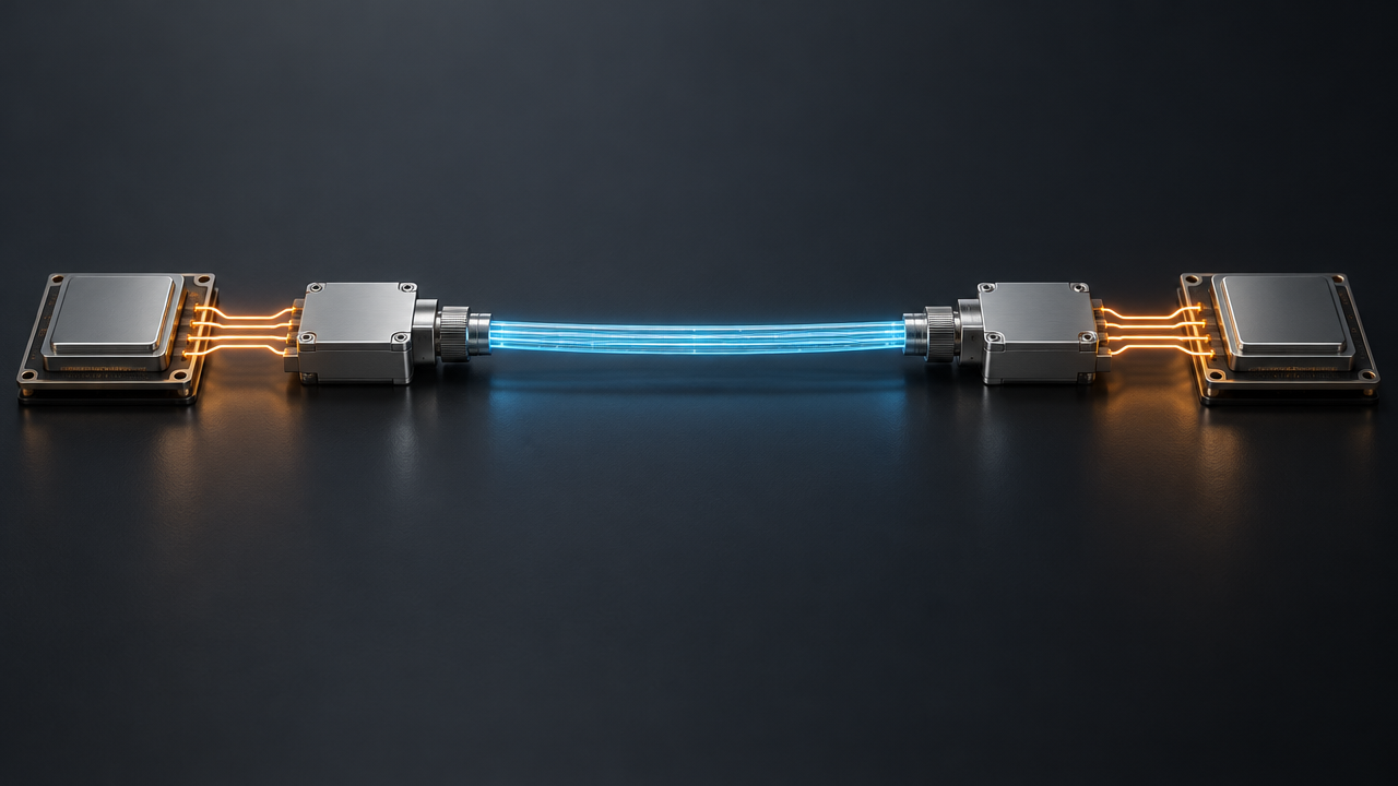 Optical interconnect signal path converting electronic data into light for fiber transmission and back into electronic signals.