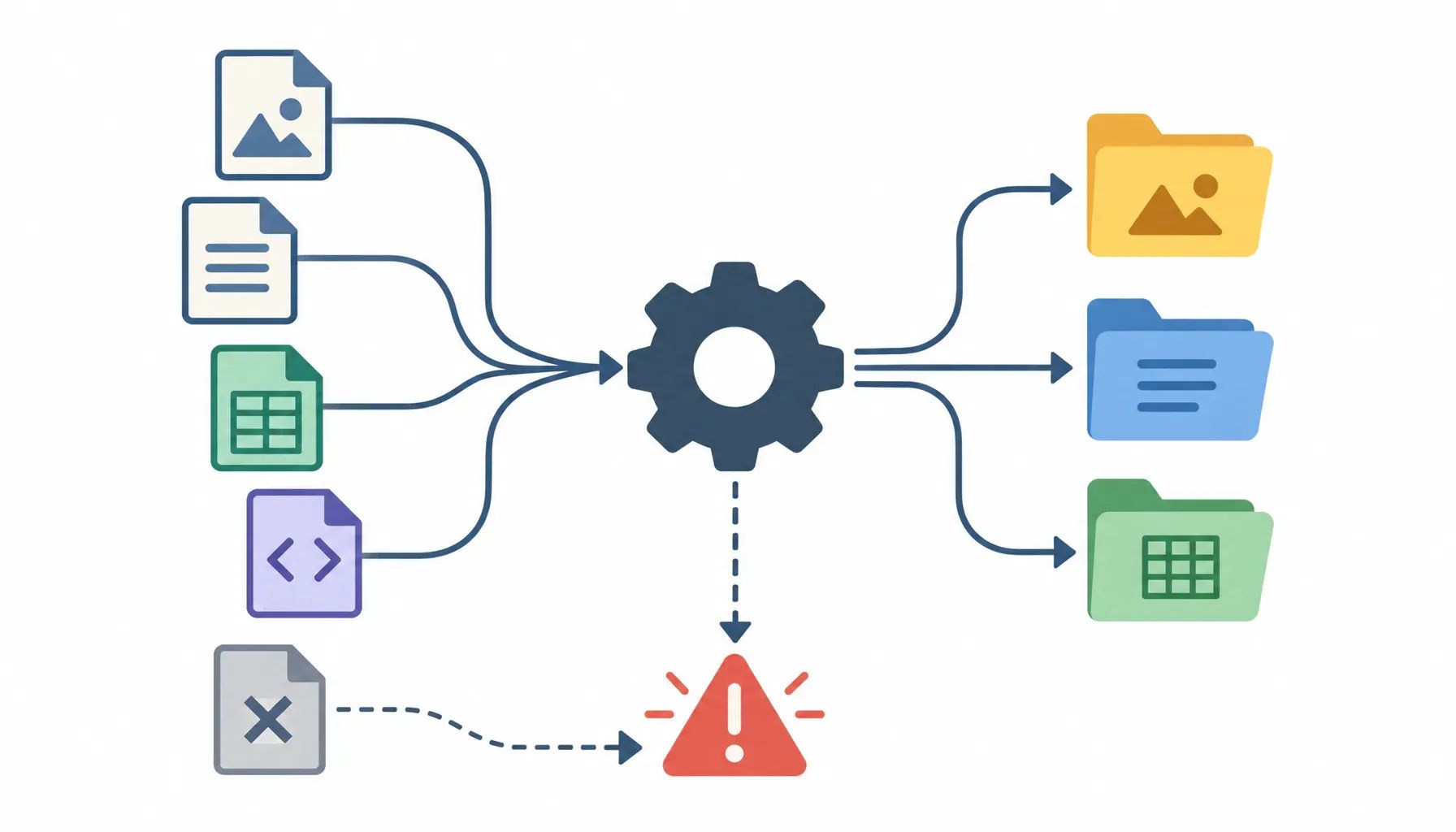 File symbols flow through a gear into organized folders, with one unsupported file branching to a caution symbol.
