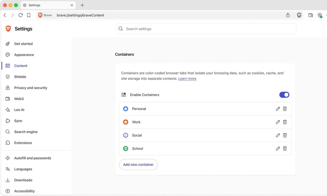 Brave Browser Containers: Tab Isolation for Multiple Accounts