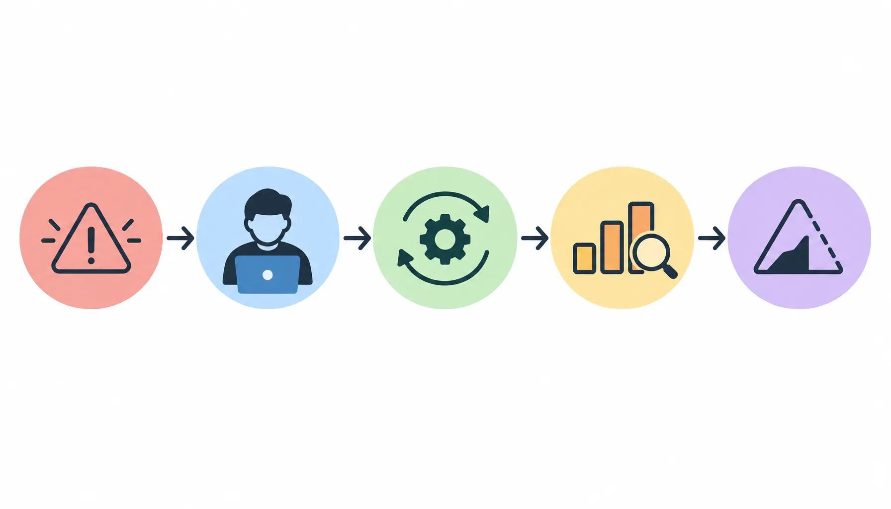 Connected pictograms show a user with a problem, a contributor's work, a process, supporting evidence, and a caution marker.