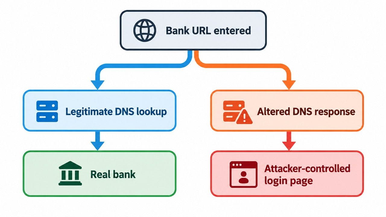 DNS spoofing diagram comparing legitimate bank lookups against altered malicious responses.