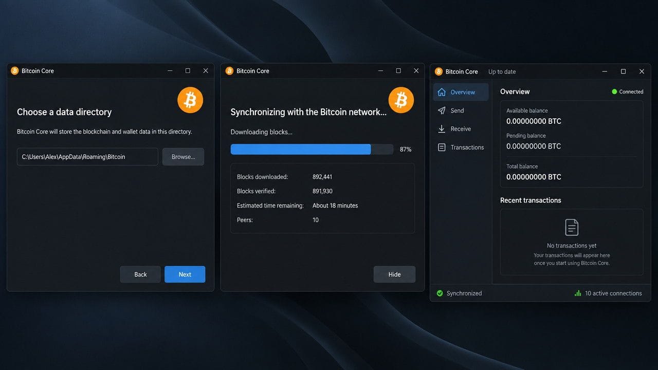 Bitcoin Core setup screens: data directory selection, blockchain sync progress, and main interface