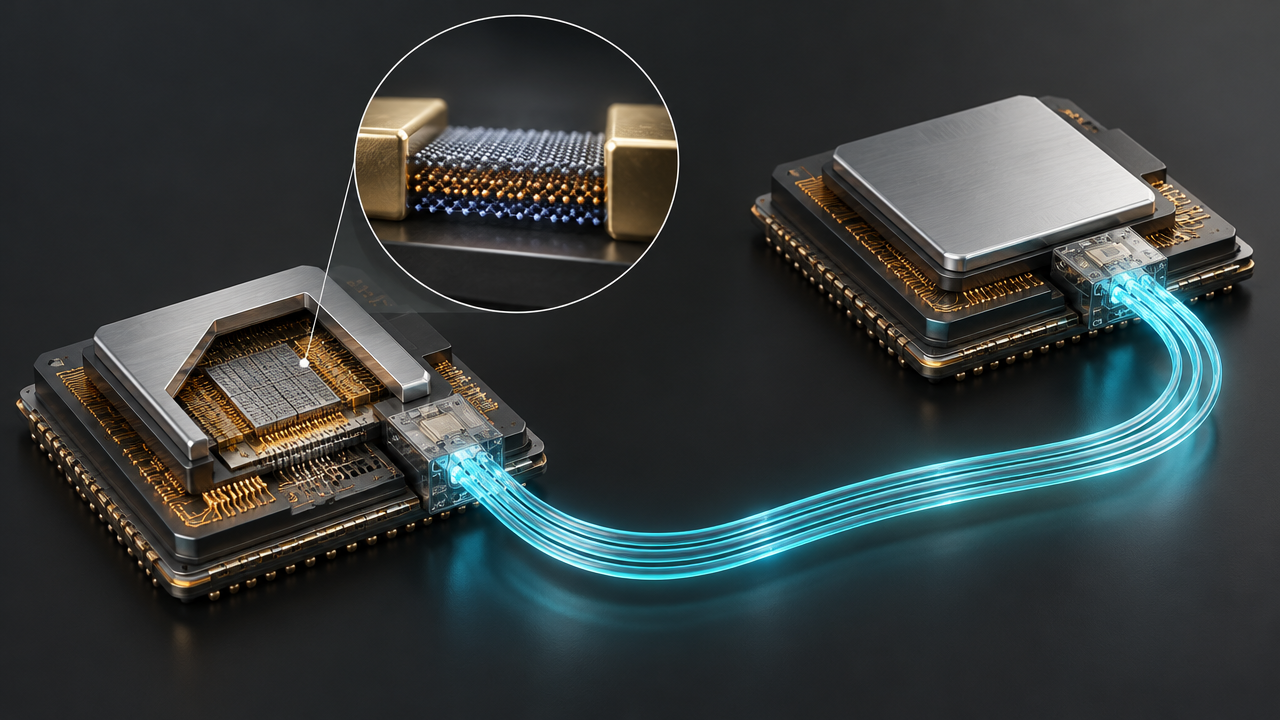 Conceptual hybrid chip architecture combining candidate 2D transistor channels with optical interconnects between compute packages.