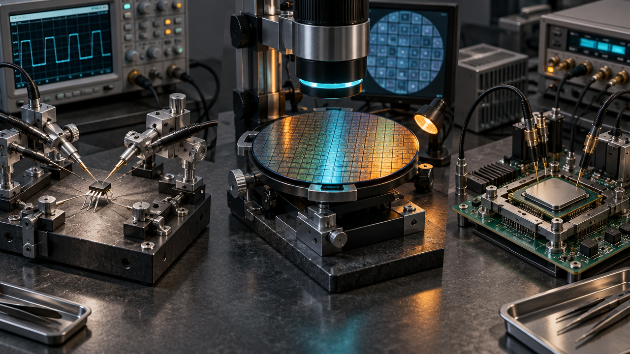 Next-generation chip development stages showing laboratory transistor testing, wafer inspection, and packaged processor validation.