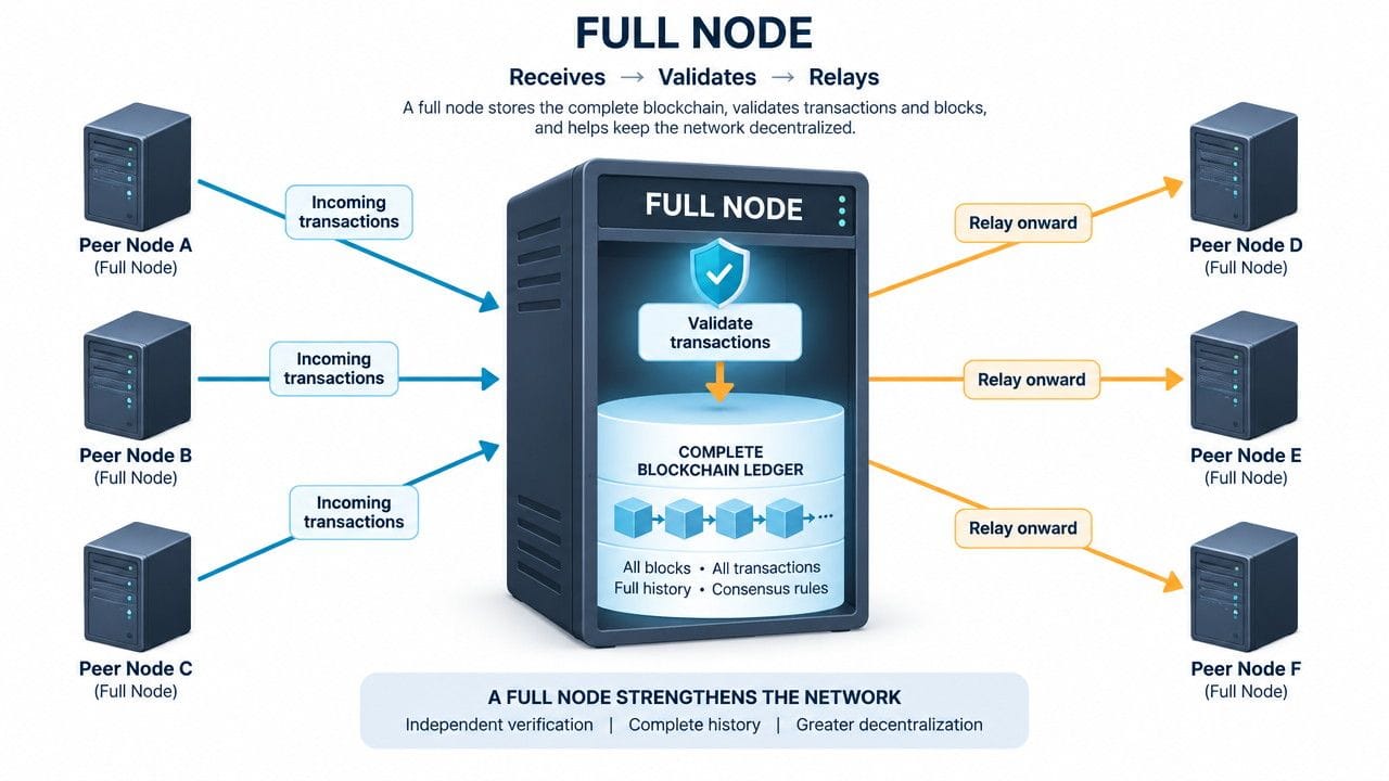 Full node with complete blockchain ledger connected to network peers, validating and relaying transactions