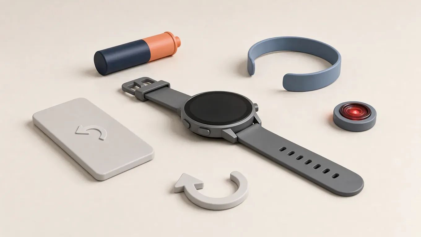 An unbranded smartwatch ringed by a phone, battery, wristband, heart sensor, and update arrow.