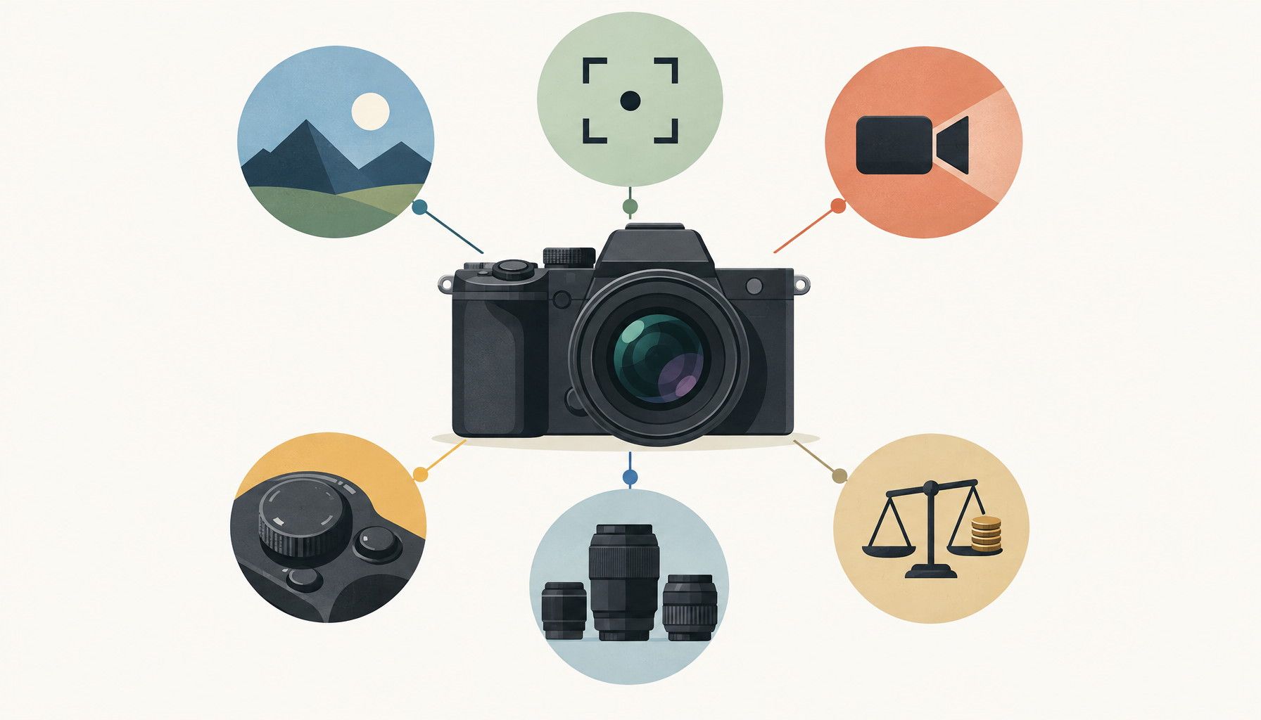 Generic mirrorless camera surrounded by symbols for image quality, autofocus, video, controls, lenses, and value