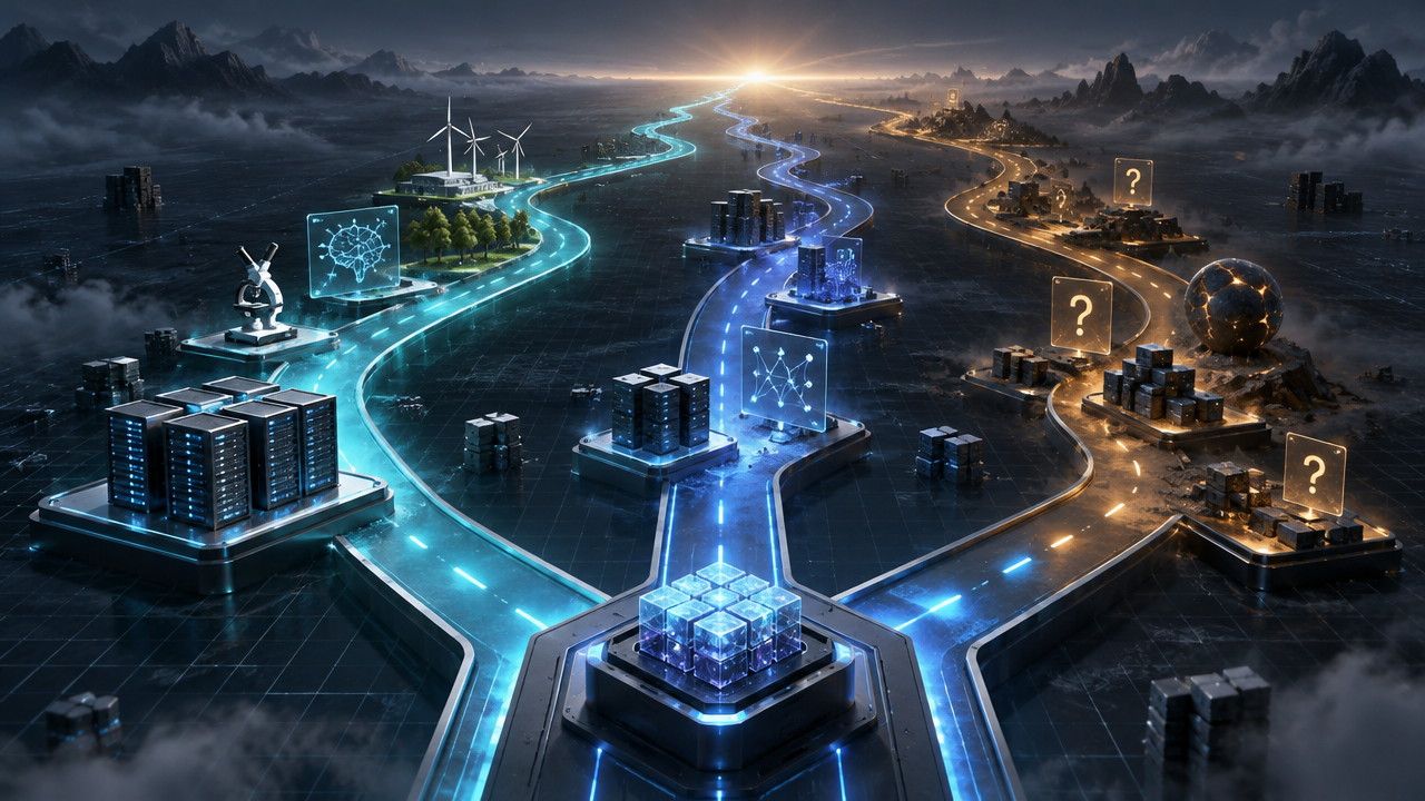  Artificial general intelligence visualized as one adaptive AI system connecting research, coding, language, planning, and visual analysis tasks.