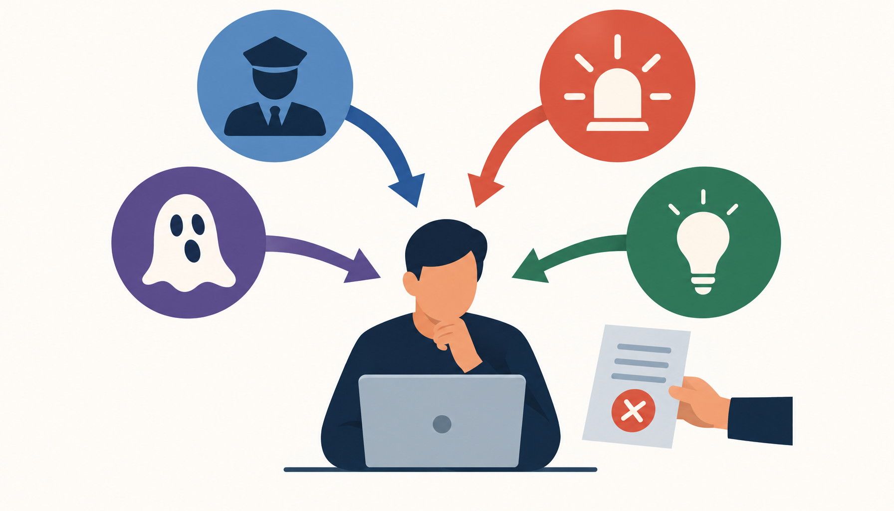 Authority, urgency, fear, and curiosity symbols point toward a person approving an unsafe request