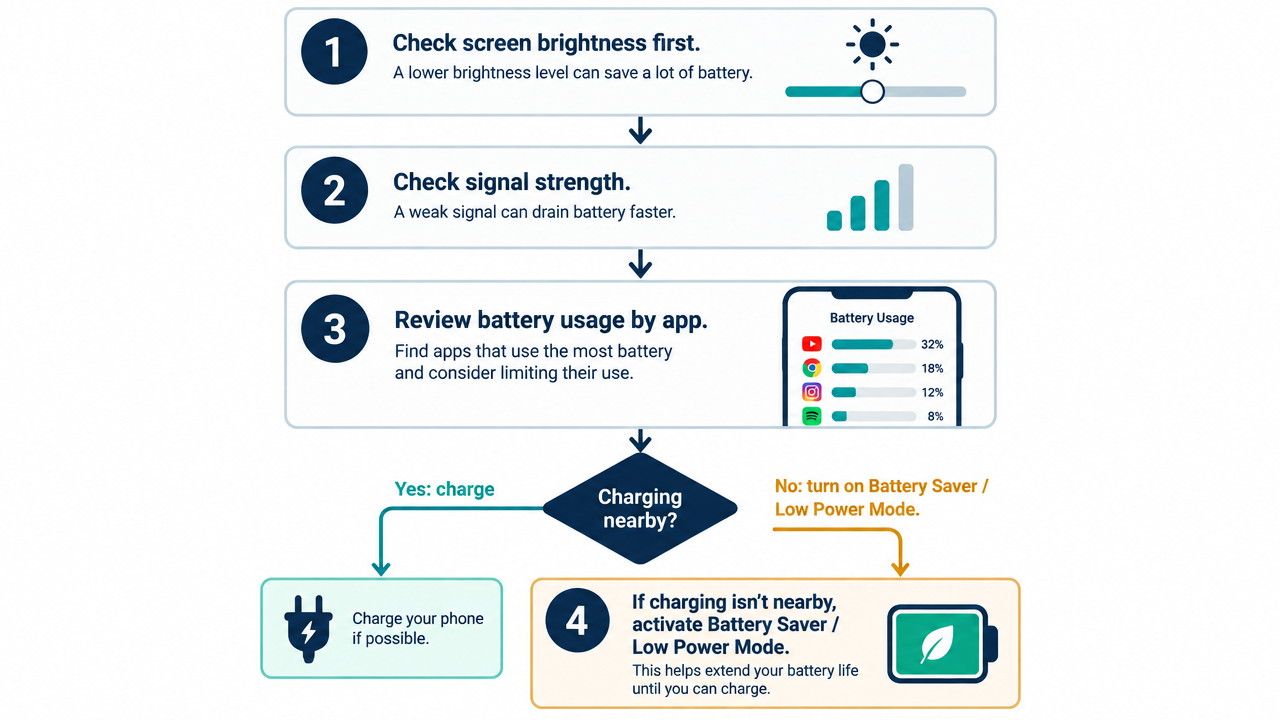 Flowchart showing steps to make your smartphone battery last longer, from brightness to Battery Saver