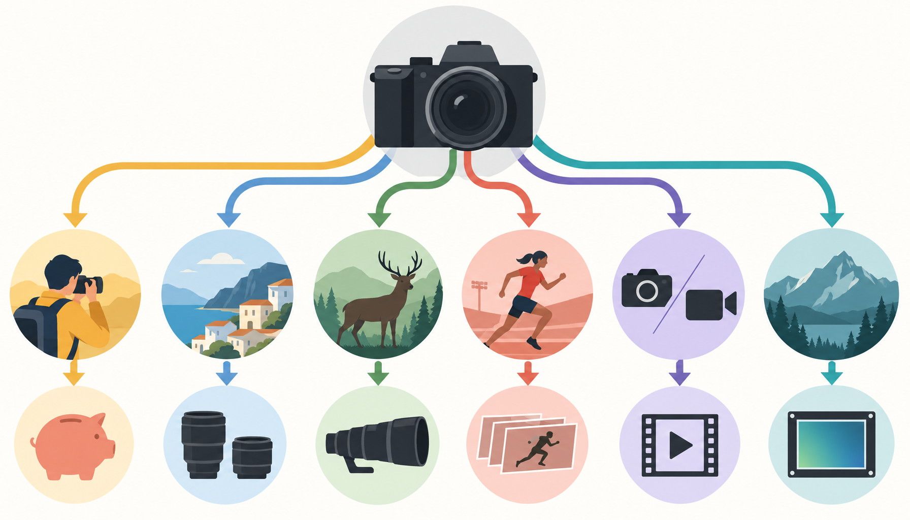 Decision diagram connecting camera needs with beginner, travel, action, hybrid, and full-frame value paths