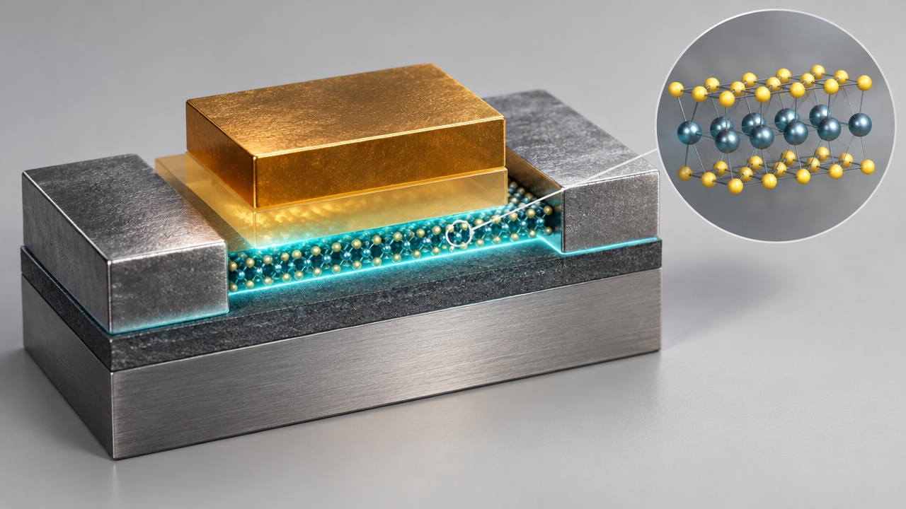 Conceptual 2D-material transistor cutaway showing an ultrathin channel, source and drain contacts, and an insulated gate.