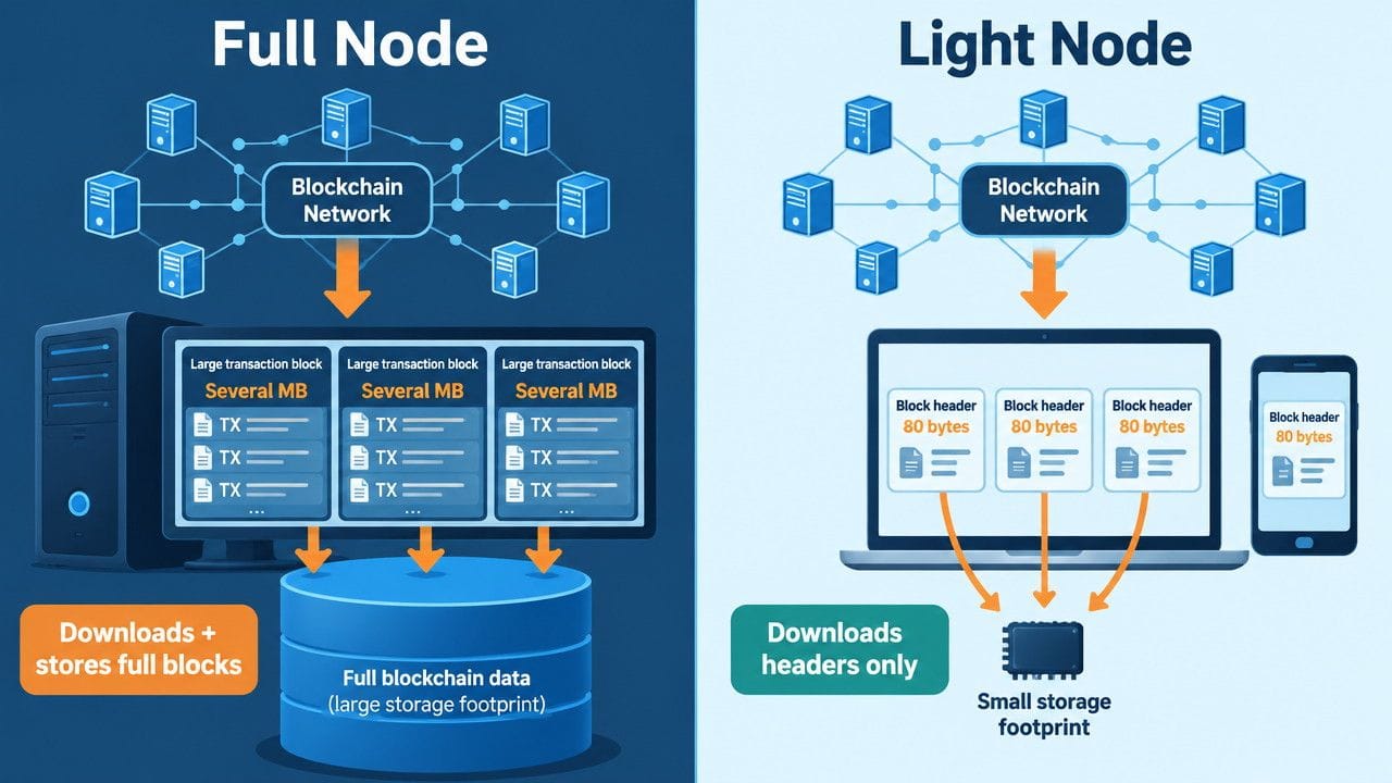 Full node storing complete blocks compared to light node storing only block headers